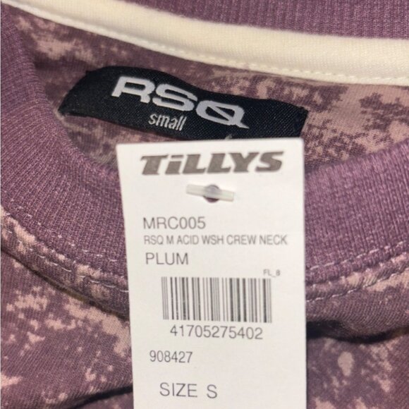 NWT RSQ Acid Wash Crewneck Sweatshirt Plum Purple Mens S Tie Dye Fleece Pullover - Picture 5 of 5